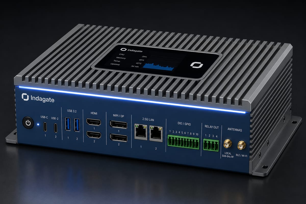 The Indagate reference controller: top-mounted status display and a front panel carrying USB-C, USB 3.2, HDMI, MIPI/DP, dual 2.5G LAN, DIO/GPIO, relay outputs and antenna connectors