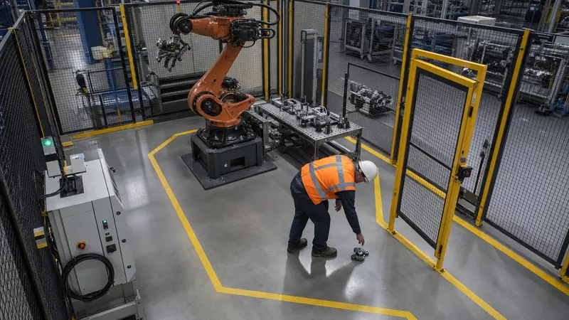 Worker inside a robotic arm exclusion zone